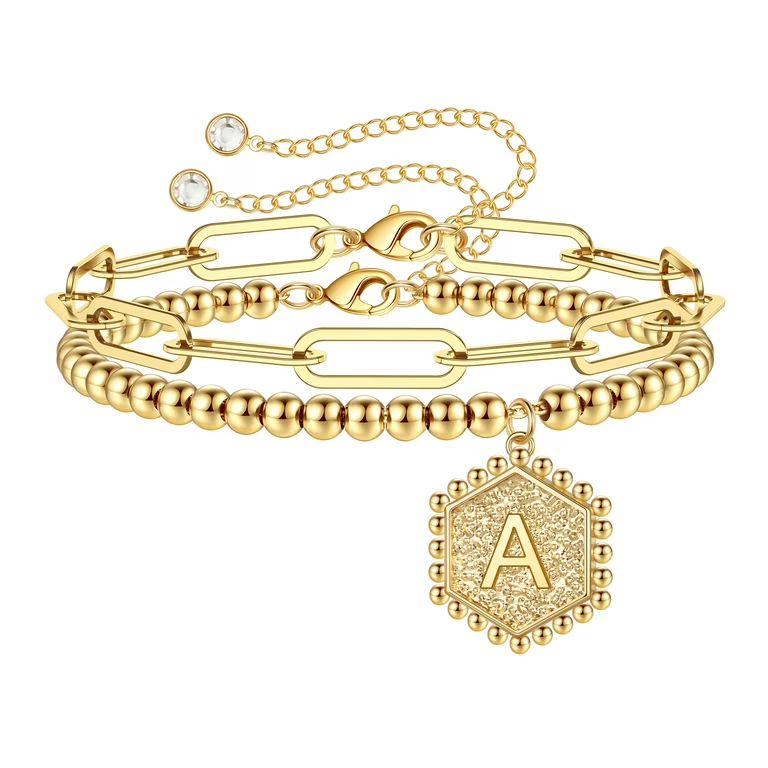 TINGN Gold Bracelets for Women Layered Initials Bracelet Paperclip Link Gold Chain Bracelets Gold... | Walmart (US)
