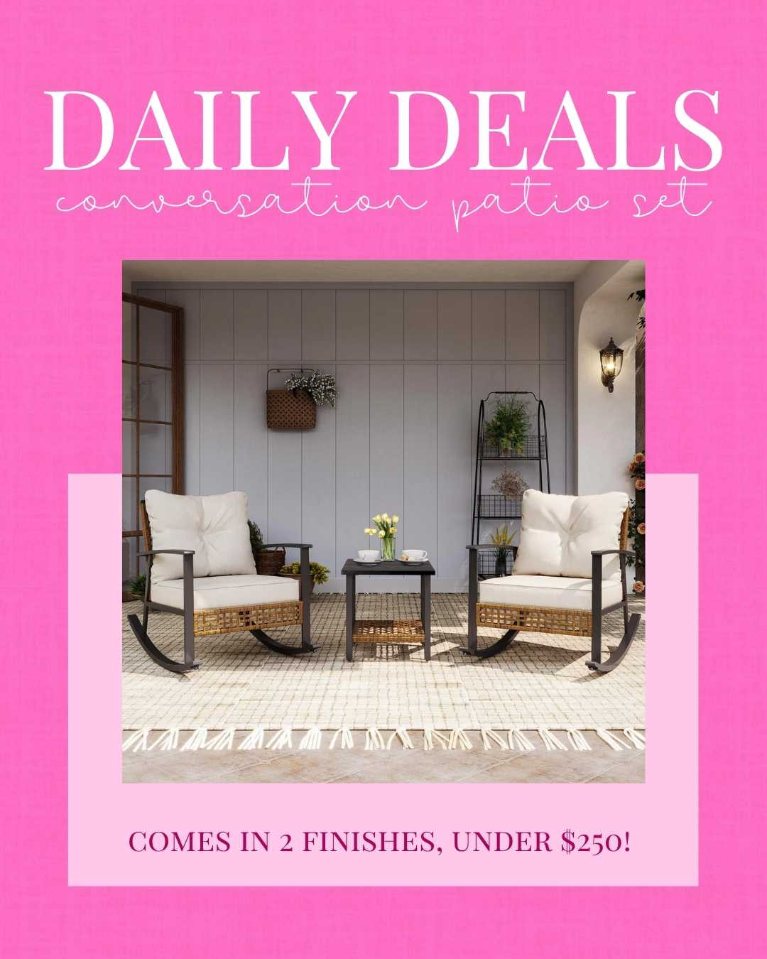 These patio conversation sets are SUCH a good deal! I found a few under $200, multiple color options! They're great for a small space or to add onto your current set! 


patio furniture, conversation set, patio set, outdoor set, outdoor furniture, deck furniture, patio style, home updates, home decor  

 #LTKHome #LTKSaleAlert