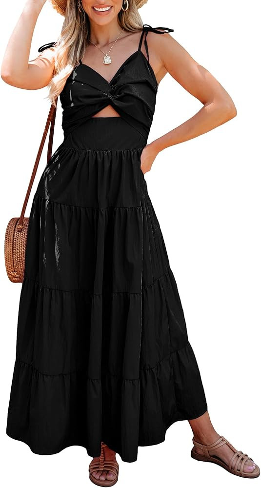 luvamia Long Flowy Dresses for Women Tiered Cut Out Midi Dress Self Tied Spaghetti Strap Summer V... | Amazon (US)