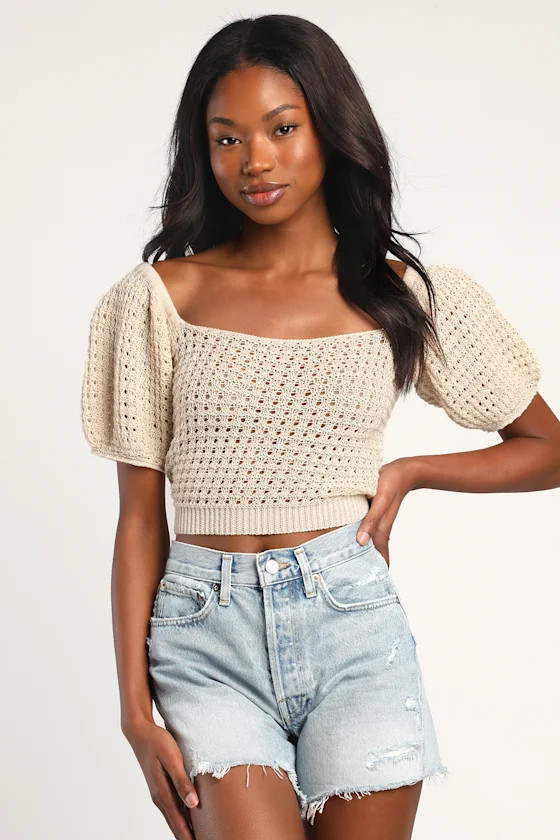 Sweet Summertime Cream Sheer Crochet Puff Sleeve Sweater Top | Lulus (US)