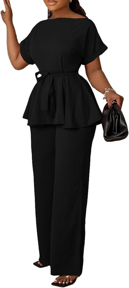 Women's 2 Piece Outfits Suit Set Short Sleeve Peplum Top Flared Pants Sets Business Pantsuits | Amazon (US)