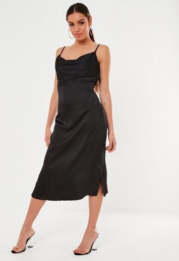 Black Satin Cowl Cami Slip Midi Dress | Missguided (US & CA)