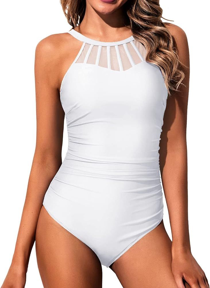 Holipick Women High Neck One Piece Swimsuit Tummy Control Halter Slimming Bathing Suit Mesh Swimwear | Amazon (US)