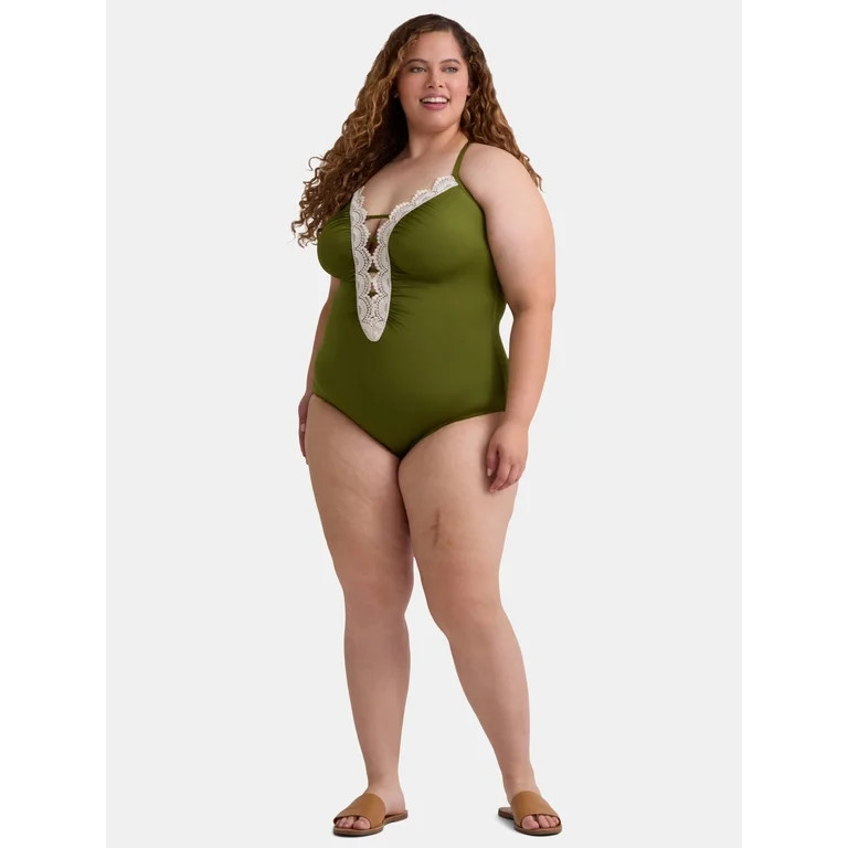 Time and Tru Women's and Women’s Plus Plunge One Piece Swimsuit with Crochet Lace Trim, Sizes X... | Walmart (US)