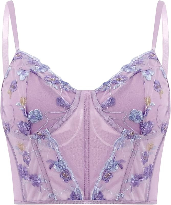 Testudineus Women Chic Floral Embroidered Corset Top Spaghetti Strap Sheer Mesh Push Up Bustier B... | Amazon (US)