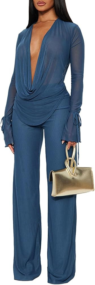 Women's Sexy 2 Piece Outfits Mesh See Through Deep V Neck Top and Long Pants Set Going Out Club O... | Amazon (US)