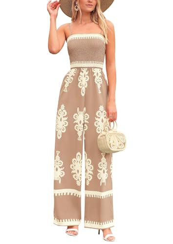 PRETTYGARDEN Jumpsuits for Women Dressy Summer Boho Printed Spaghetti Strap Pants Rompers One Piece Travel Outfits (Khaki,Small) | Amazon (US)