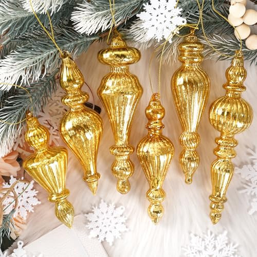 Golden Mercury Glass Christmas Tree Decorations, 6Pcs Hanging Finial Ornaments, Large Vintage Decorative Glass Ornaments for Christmas Tree Winter Wonderland Wedding Party Holiday Decor, Gold | Amazon (US)