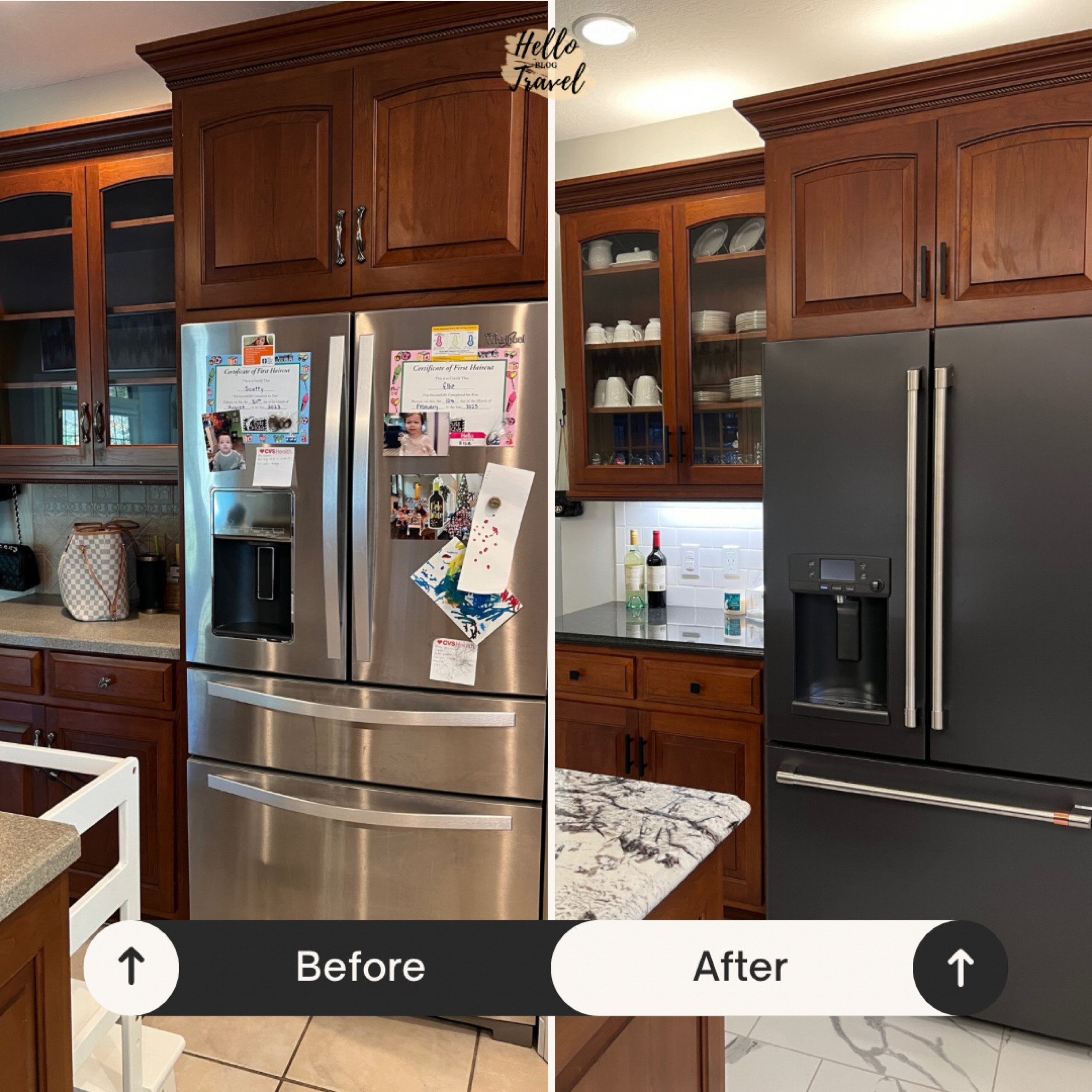 Before and after kitchen details! Love our new cafe fridge in black matte. It really minimizes finger prints! Also the lighter, backsplash and marble tile flooring really brightened up the space! 

#LTKhome