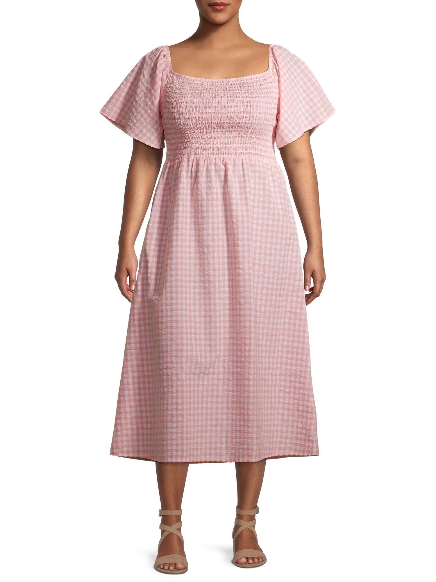 Gray by Grayson Social Women's Plus Size Smocked Square Neck Gingham Midi Dress - Walmart.com | Walmart (US)