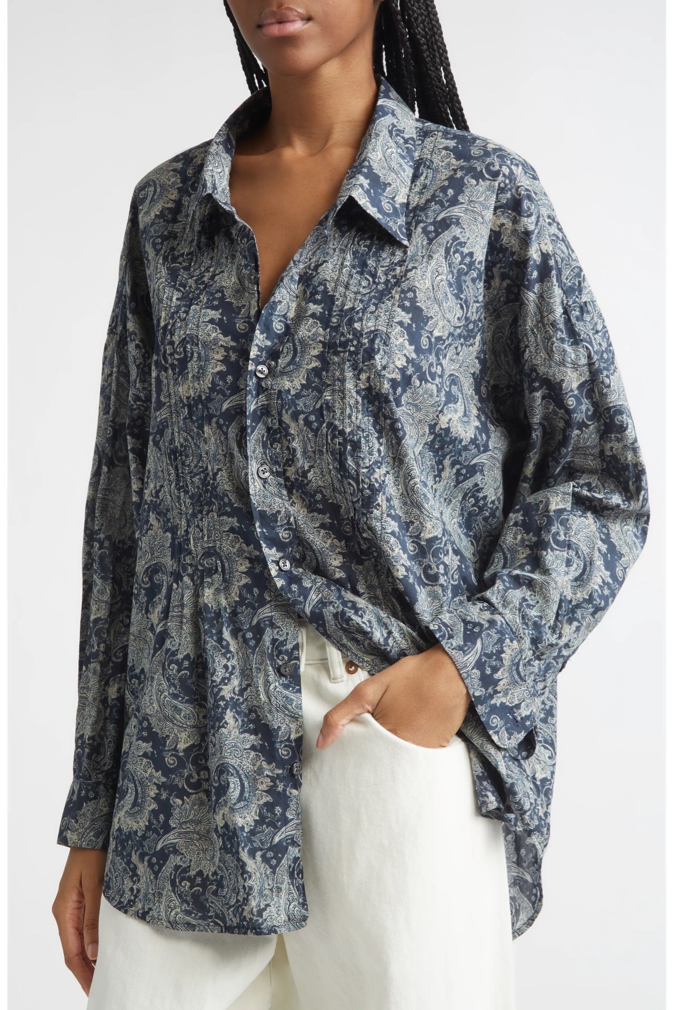 Drop Neck Pintuck Paisley Print Button-Up Shirt

#LTKSeasonal #LTKMidsize #LTKOver40