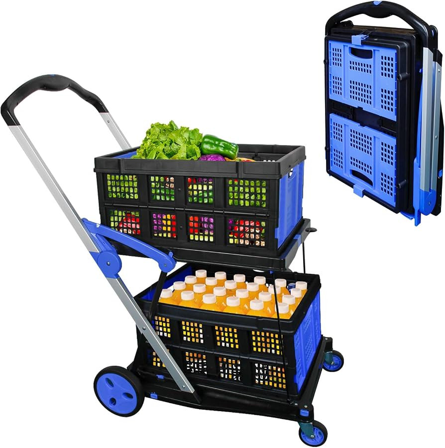 Shopping Cart with 2 Storage Crates, Multi Use Two Tier Collapsible Cart with 360° Rolling Swive... | Amazon (US)