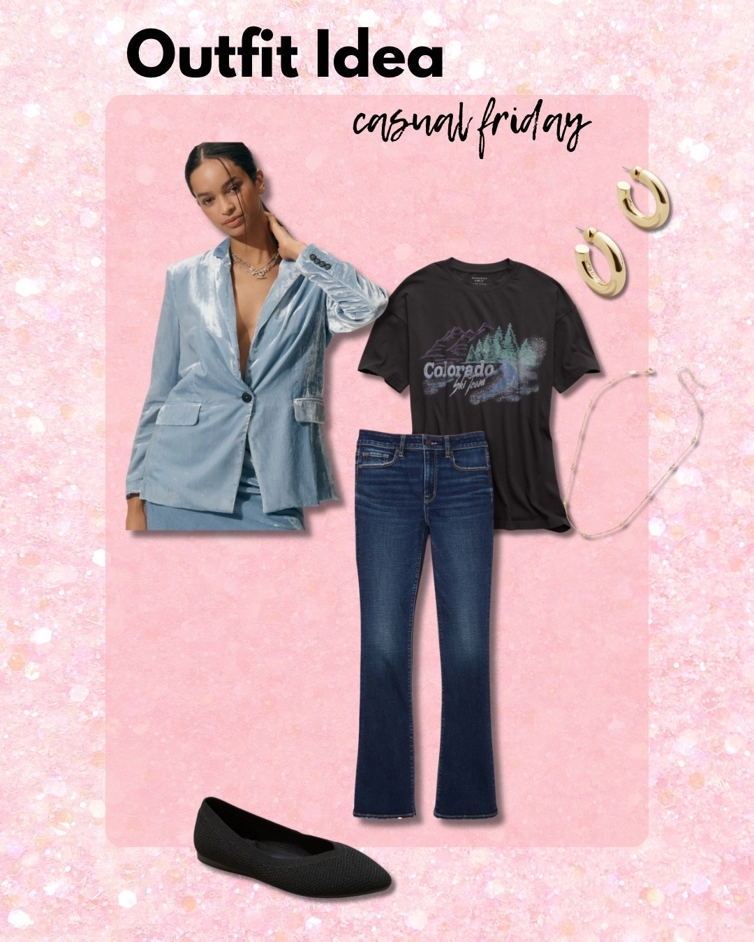 Casual Friday
Velvet
Blazer outfit
Outfit of the day
Graphic Tee
Shirt
Jeans
Denim
Dark denim
Gold hoops
Earrings
Necklace
Flats
Shoes
Black
Blue
Cute
Fun
Winter
Seasonal
Statement
Work
Outfit ideas
Soft
Shiny
Shimmer
Jewelry


#LTKootd #LTKWorkwear #LTKHoliday