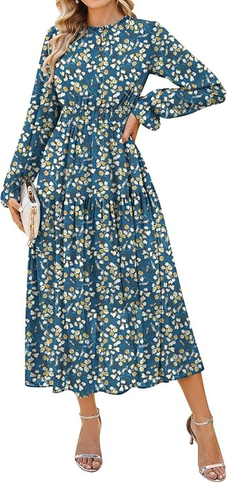 GRACE KARIN Women's Fall Wedding Guest Dresses 2026 Floral Long Sleeve Chiffon Maxi Dress Flowy B... | Amazon (US)