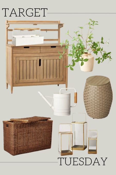 Target Tuesday! This weeks finds in home accessories and decor. Potting bench gardening caddy watering can pail outdoor table wicker planter gold brass lanterns oversized large storage basket studio mcgee hearth and hand magnolia living room bedroom outdoor spring summer style modern farmhouse transitional classic timeless accents 

#LTKunder100 #LTKhome #LTKFind