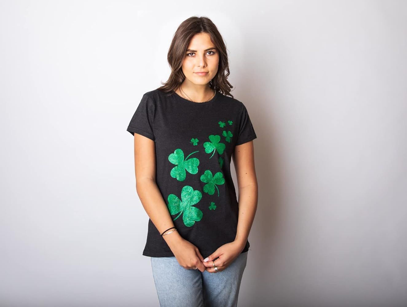 Womens Glitter Shamrocks T Shirt Funny St Saint Patricks Day Shamrock Clover Tee | Amazon (US)