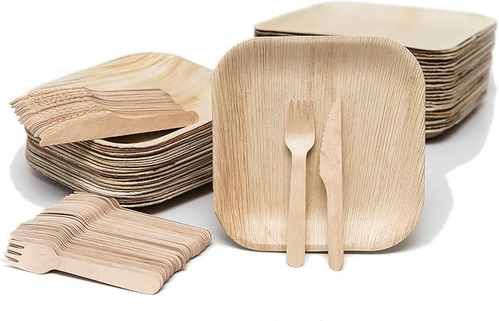 Bamboo Plates with Cutlery - Set of 50 Plates (8in) + 50 Forks + 50 Knives | Biodegradable Palm L... | Amazon (US)