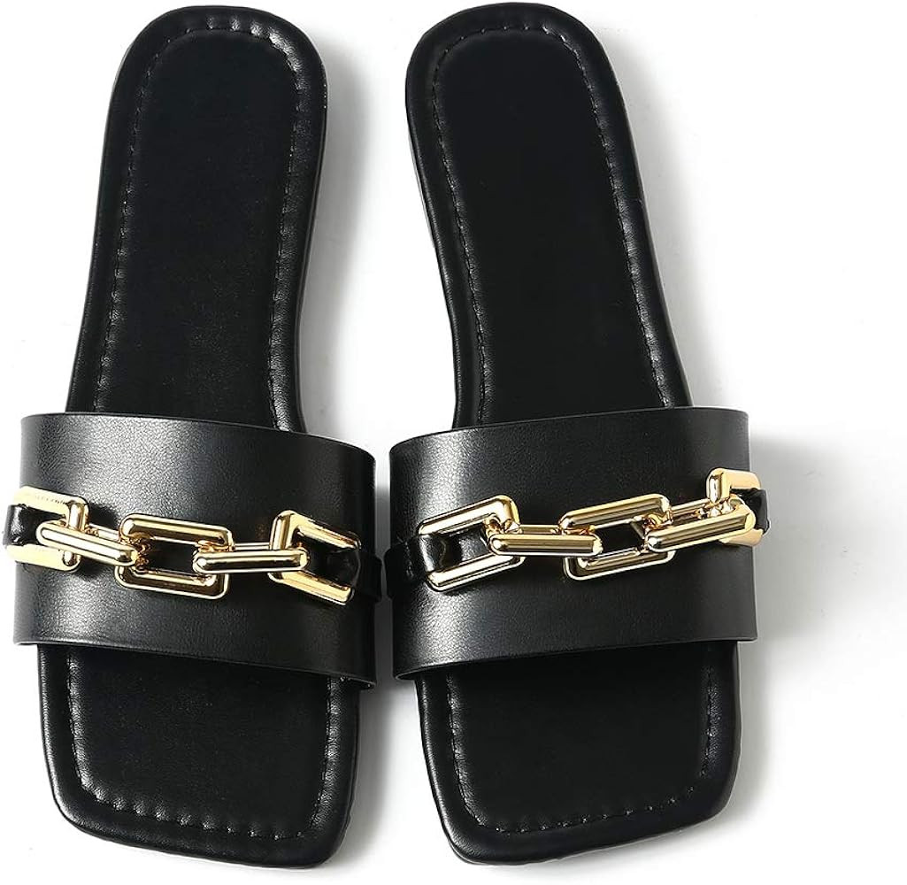 Women Synthetic Leather Flat Sandals - Leather Strap Slides with Chain Open toe Square Summer Slippe | Amazon (US)