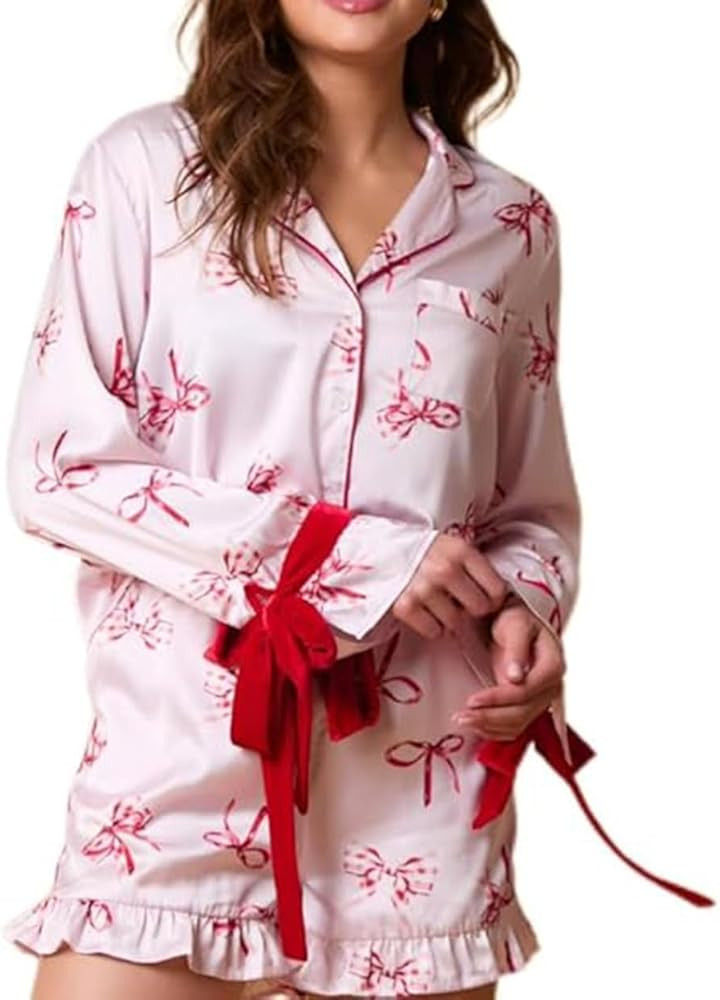 Women Christmas 2 Piece Pajamas Set Bow Tie Button Down Long Sleeve Shirts Ruffle Shorts Cute Pjs... | Amazon (US)