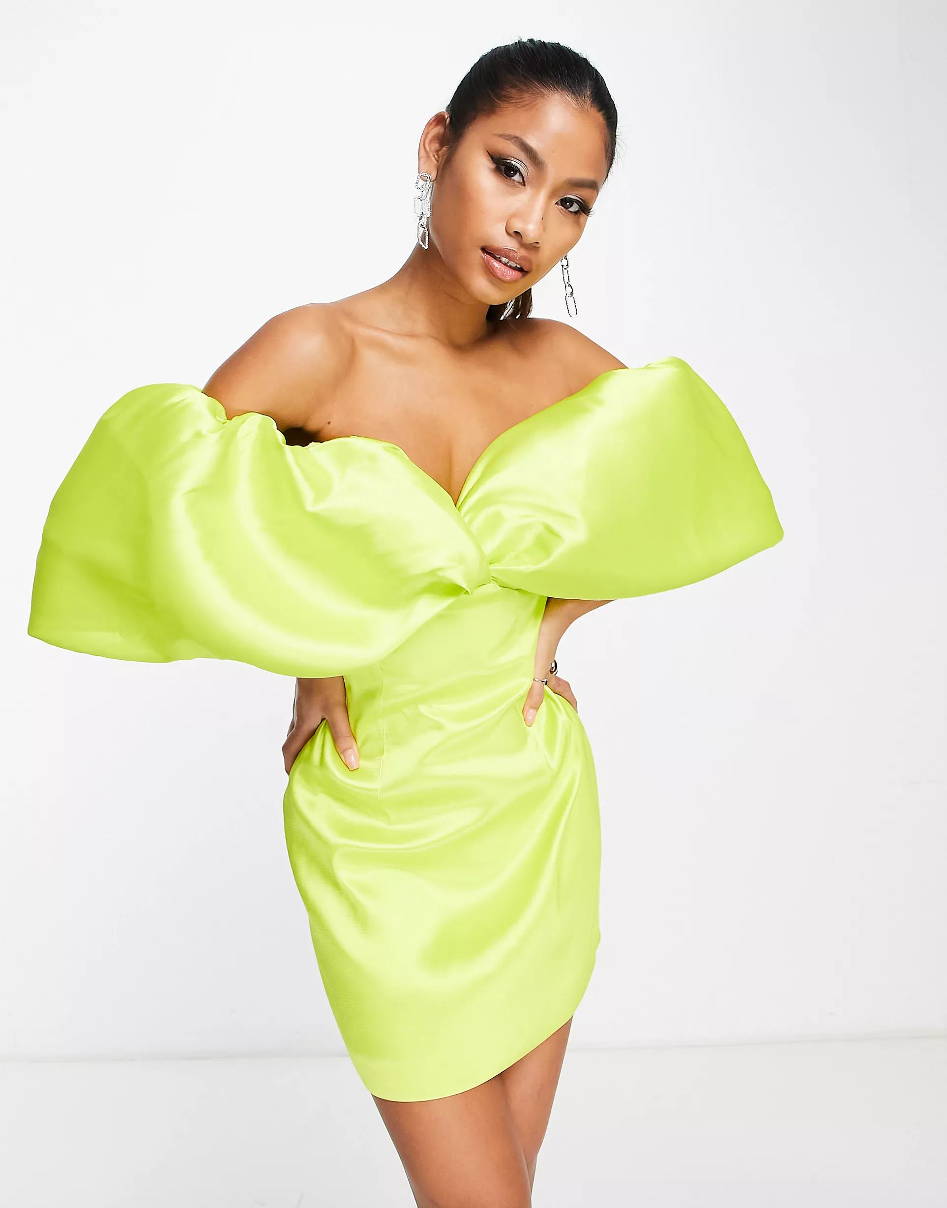 ASOS EDITION satin twill off shoulder mini dress with twist bust detail in chartreuse | ASOS (Global)