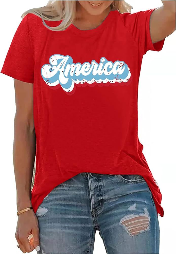 4th of July Shirts for Women America Printed Tshirt Patriotic Vintage USA Tee Tops | Amazon (US)