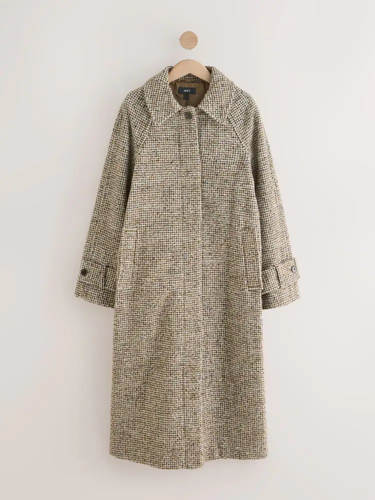 Neutral Houndstooth Single Breasted Longline Collared Coat | Next US
