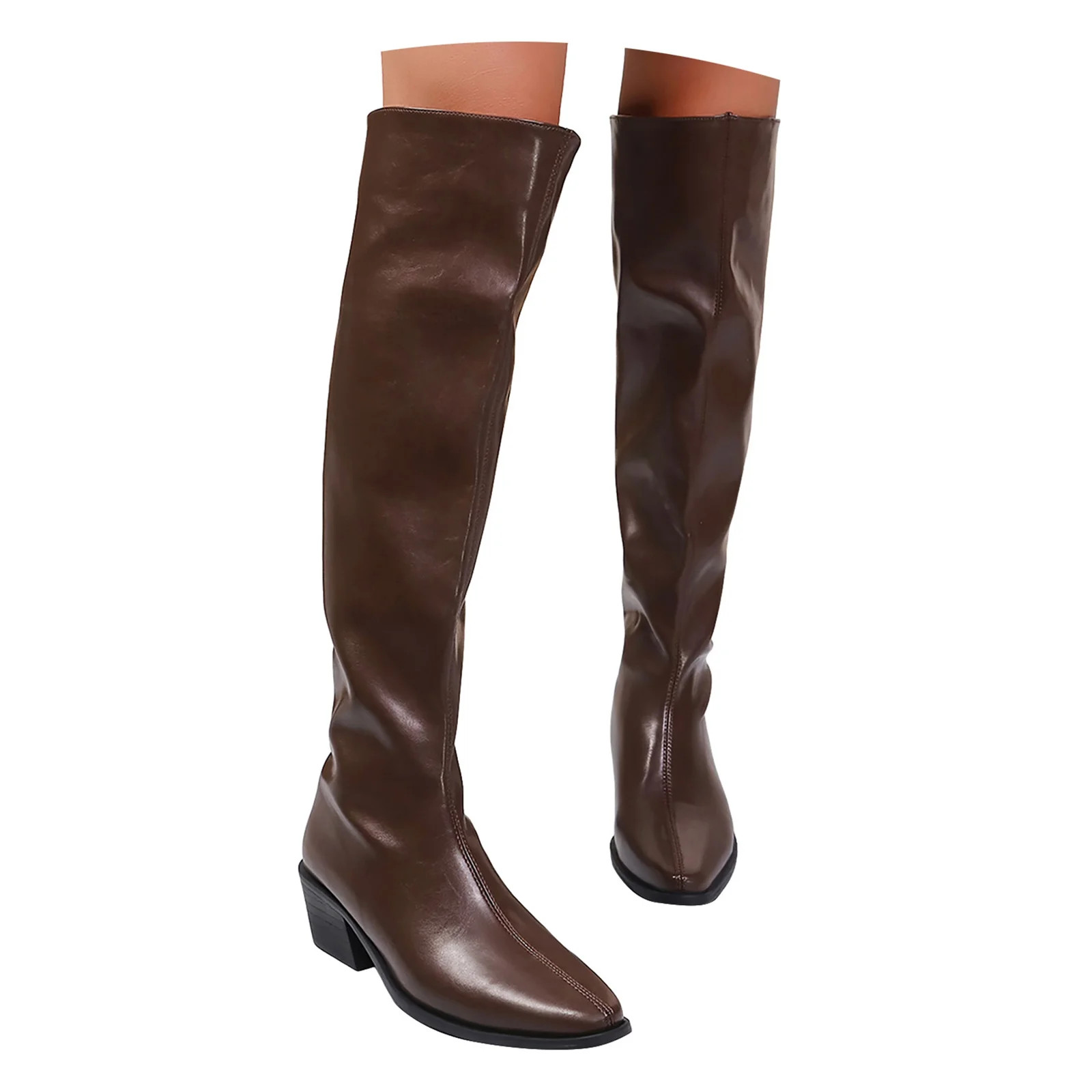 Wide Calf Over the Knee Boots for Women Slouchy Black Brown Leather Chunky Heel Pointed Toe Tall ... | Walmart (US)