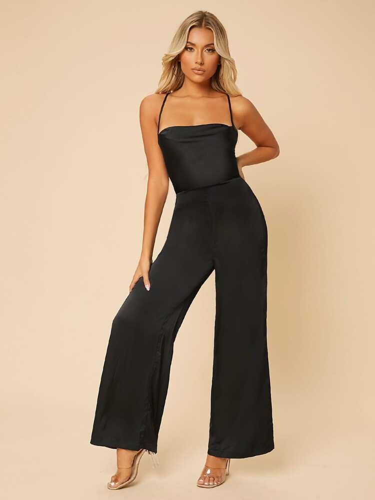 SHEIN PETITE Solid Criss Cross Backless Lace Up Jumpsuit | SHEIN