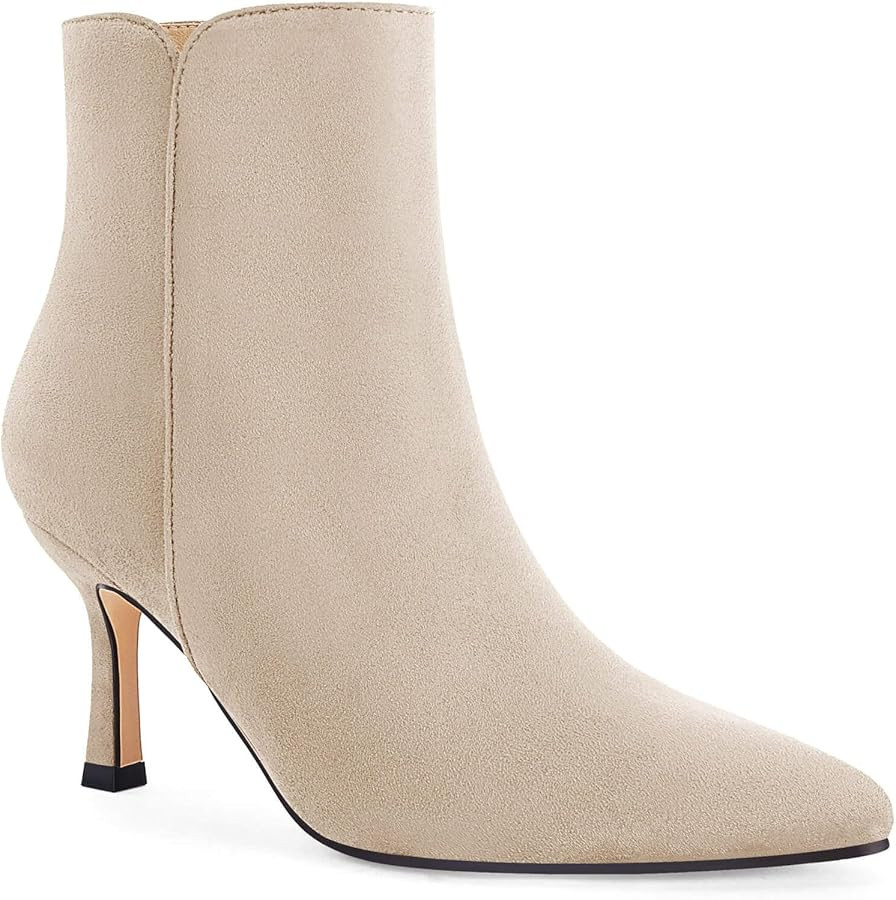 Coutgo Women's Kitten Heel Booties Pointed Toe Low Stiletto Side Zipper Ankle Boots Shoes | Amazon (US)