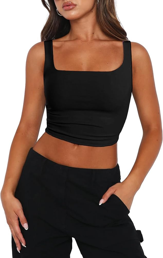 Zeagoo Women's Square Neck Sleeveless Crop Tops 2024 Cute Double Layer Seamless Slim Fit Y2k Tank... | Amazon (US)
