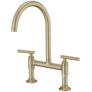 Double Handle Bridge Kitchen Faucet 2-Holes Modern Brass Kitchen Sink Faucets with Swivel Spout in Brushed Gold | The Home Depot