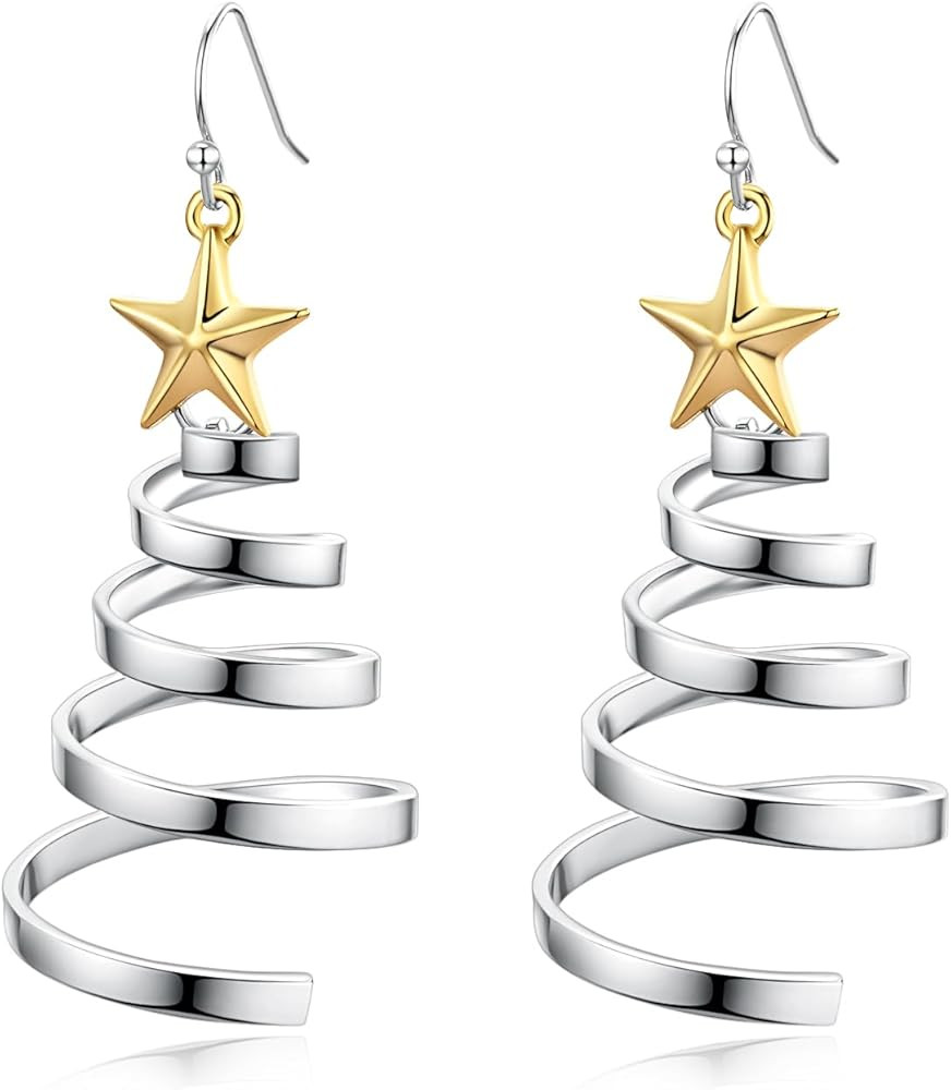 Handmade Christmas Tree Dangle Hoop Earrings Golden Silver Two Tone Women Holiday Gift, Thanksgiv... | Amazon (US)