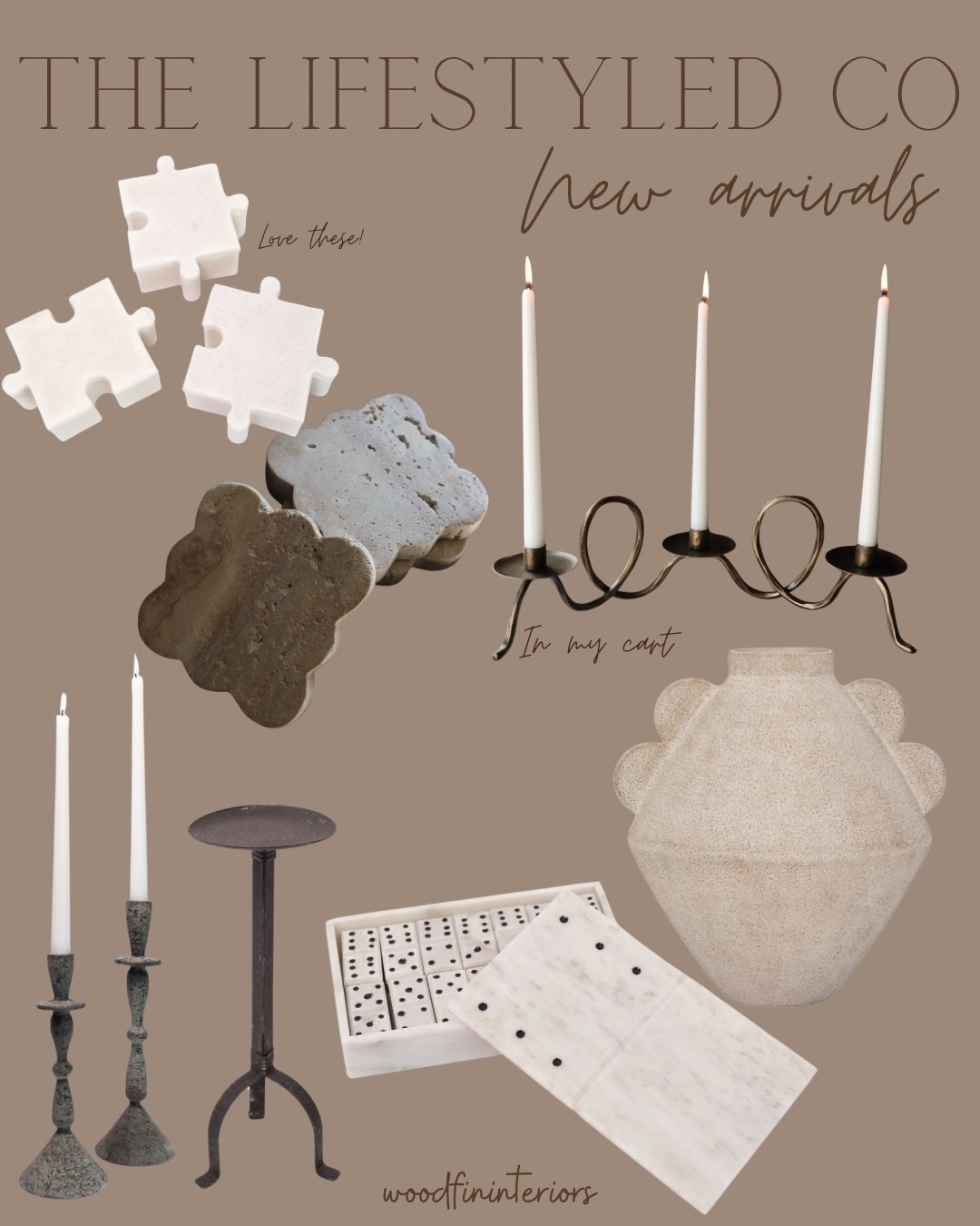 Metal taper holders
Scalloped coasters
Rustic iron pillar holders 
Marble domino storage box
Looped taper holder centerpiece
Quartz puzzle piece boxes 





#LTKHome #LTKSeasonal
