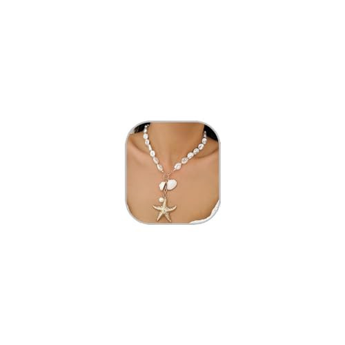 LKingel Gold Starfish Necklaces for Women Sea Shell Necklaces Beach Charm Necklace Shell Pearl Beaded Choker Necklace Trendy Summer Jewelry(style5) | Amazon (US)