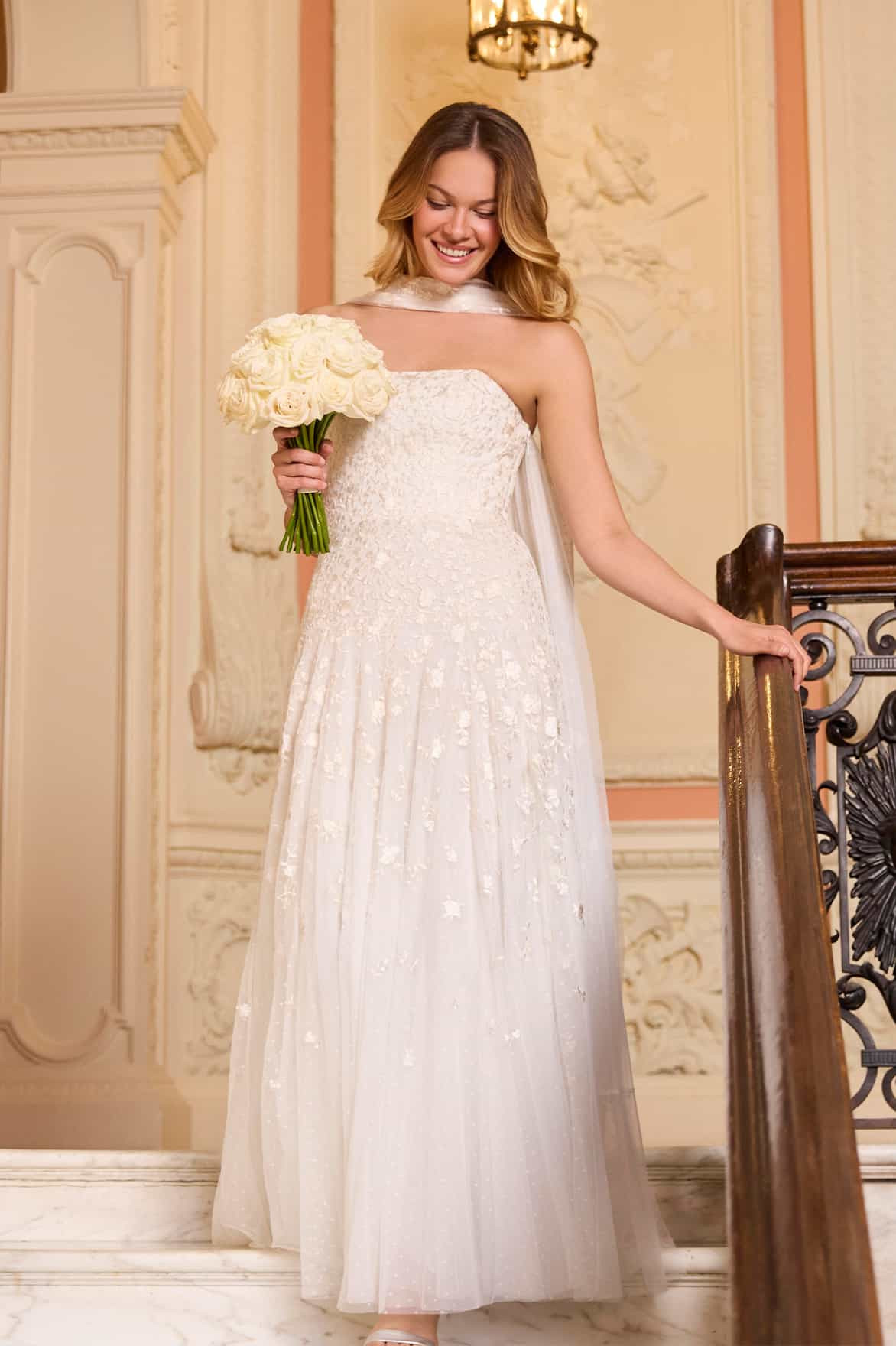 Lea Ditsy Strapless Cape Gown | Needle & Thread