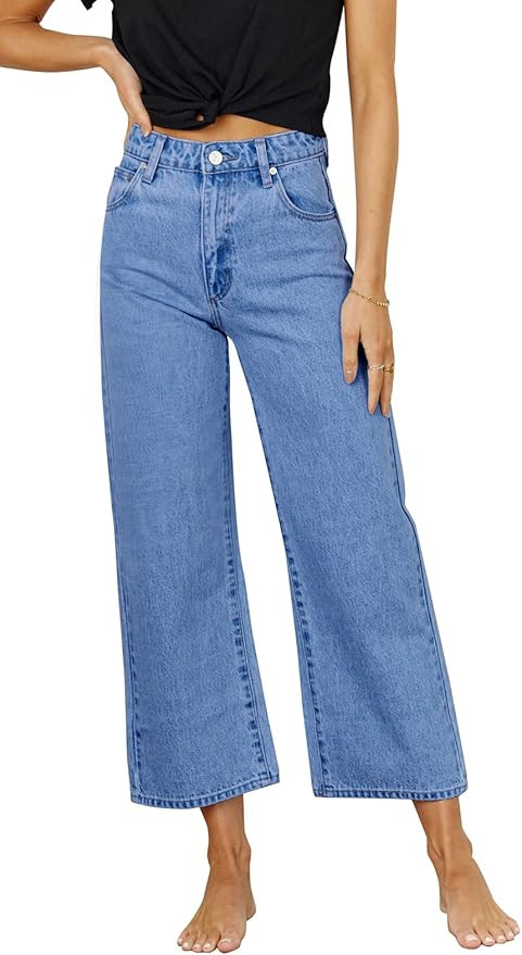 PLNOTME Womens High Waisted Capri Jeans Boyfriend Baggy Straight Leg Cropped Denim Pants | Amazon (US)