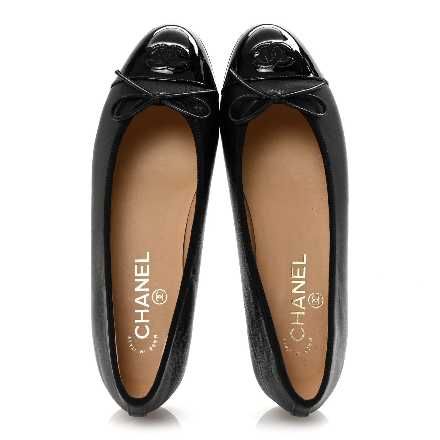 Chanel Lambskin Patent Cap Toe CC Ballerina Flats 37.5 Black 1728345 | FASHIONPHILE (US)
