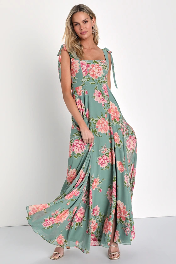 Passionate Forever Sage Green Floral Print Bow Strap Maxi Dress | Lulus (US)