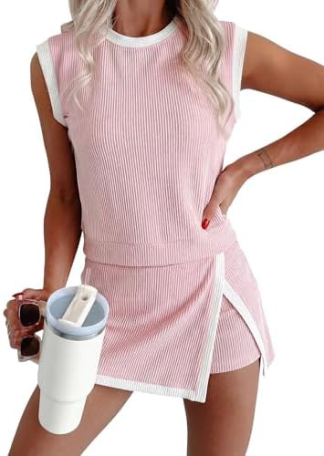 EVALESS 2 Piece Sets for Women Summer Outfits Ribbed Knit Tank Top and Split Lined Skirt Two Piec... | Amazon (US)