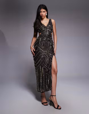 ASOS DESIGN cutout waist embellished midi dress in chocolate | ASOS | ASOS (Global)