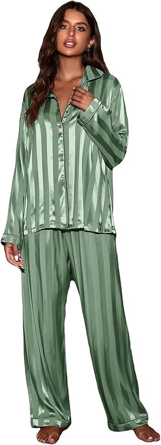 MakeMeChic Women's 2 Piece PJ Set Striped Long Sleeve Top and Pants Pajama Set | Amazon (US)