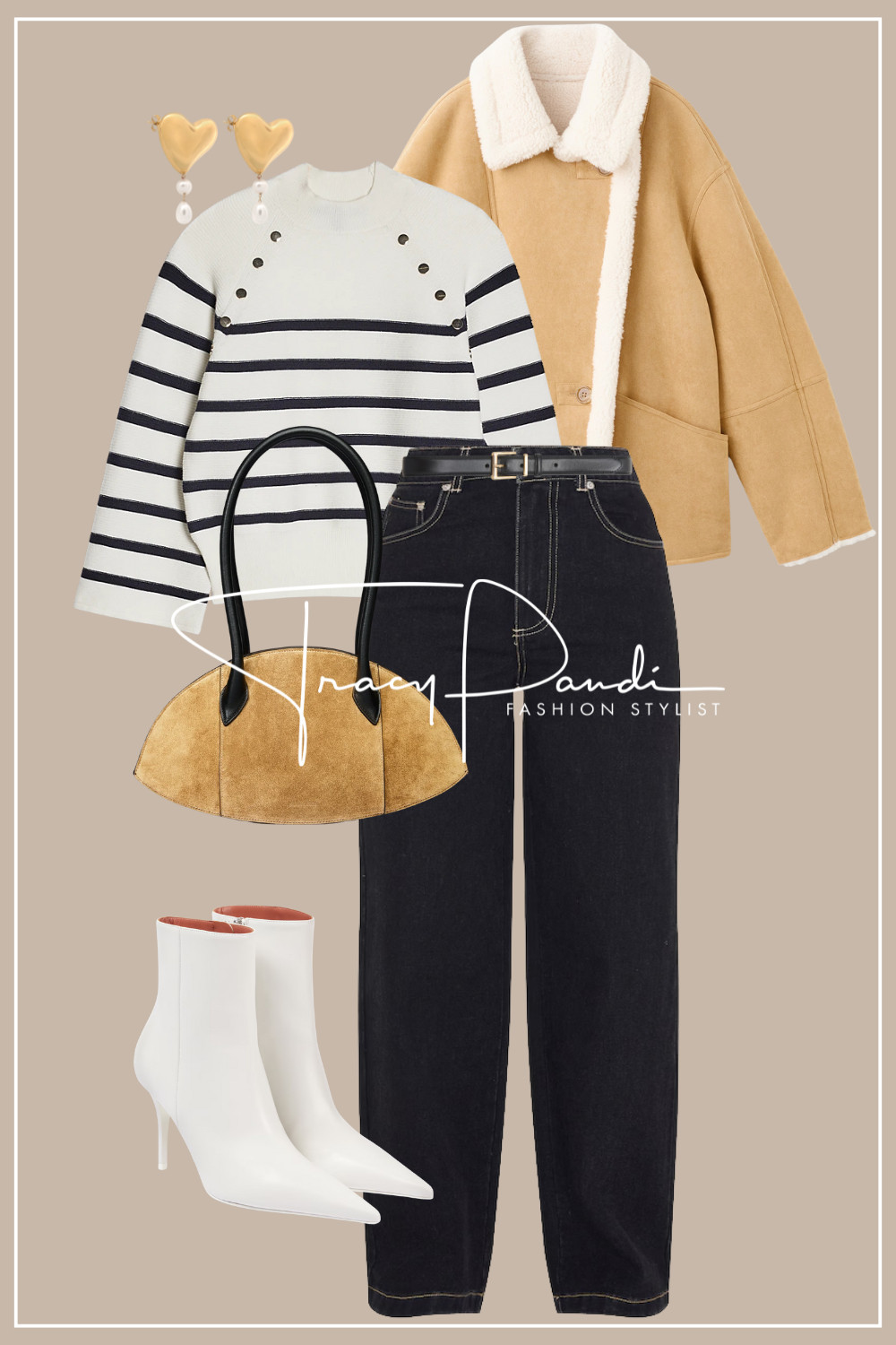 This look is effortless, cozy, and perfectly balanced. A striped knit sweater brings classic charm, layered with a warm tan shearling-style jacket for texture and comfort. straight-leg jeans keep the outfit grounded, while white ankle boots add a clean, modern finish. Finished with a suede-toned handbag and gold heart earrings, this is an easy cold-weather outfit ideal for everyday wear, casual outings, coffee dates, or weekend errands when you want to look polished without trying to#stripedknitsweater, #tanshearlingjacket, #blackstraightlegjeans, #whiteankleboots, #suedehandbag, #goldheartearrings, #casualwinteroutfit, #effortlesschicstyle, #fashionstylistedito hard.
 

 #LTKootd #LTKU
