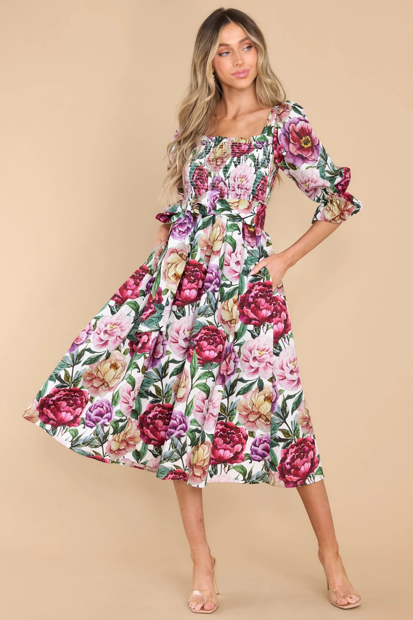 Blossom Babe Ivory Floral Print Midi Dress | Red Dress 