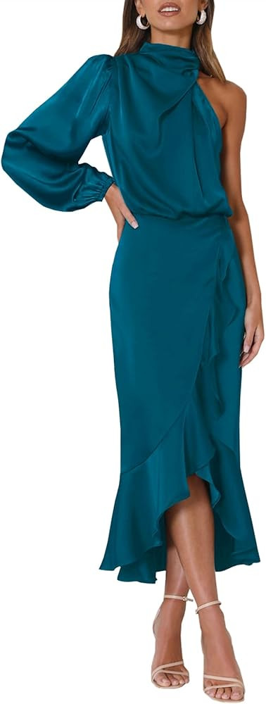 MITILLY Women's Satin Formal One-Shoulder Mock Neck Long Sleeve Bodycon Wrap Mermaid Hem Cocktail... | Amazon (US)