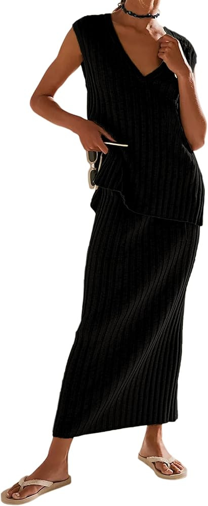 SCUSTY Women's 2 Piece Sweater Skirt Sets Sleeveless V Neck Knit Ribbed Vest Tops Midi Skirt | Amazon (US)