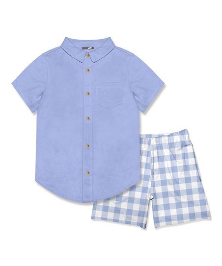 Periwinkle Short-Sleeve Button-Up & White Gingham Pocket Shorts - Toddler & Boys | Zulily