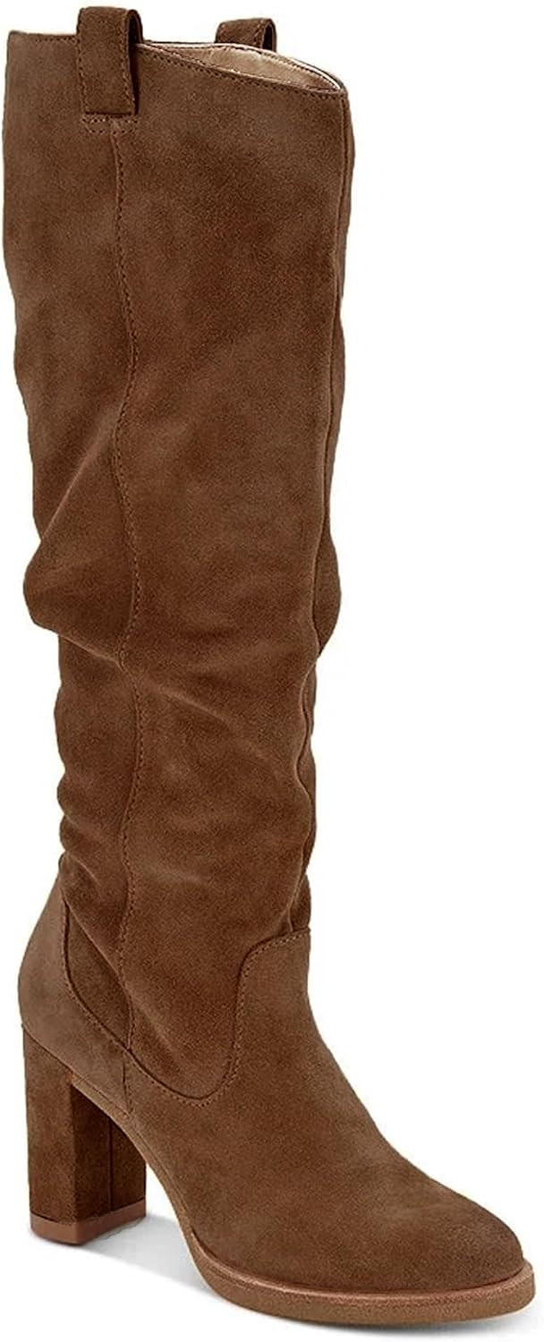 Womens Knee High Boots Chunky Block Heel Wide Calf Round Toe Side Zipper Pull On Suede Winter Dress Shoes | Amazon (US)
