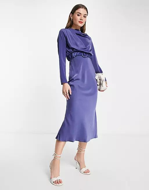 ASOS DESIGN drape high neck satin long sleeve midi dress with scrunchie belt detail | ASOS (Global)