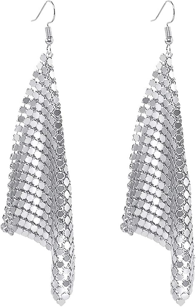 Suyi Trendy Women Earrings Metal Mesh Grid Sequins Tassel Long Drop Dangle Earrings | Amazon (US)