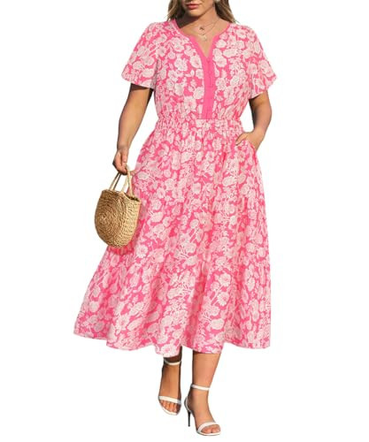 RITERA Plus Size Dresses for Curvy Women Floral Short Sleeve Summer Dress V-Neck Elastic Waist Wedding Guest Pink Maxi Ruffle Sundress Casual Beach Flowy A Line Tiered Dress with Pockets 2XL 18W 20W | Amazon (US)